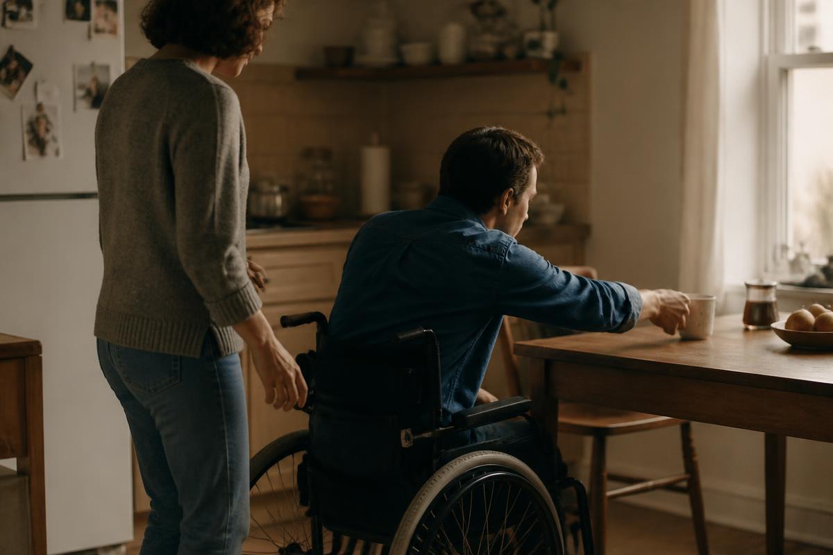 Persona en silla de ruedas en la cocina de su casa mientras un familiar duda si ofrecer apoyo