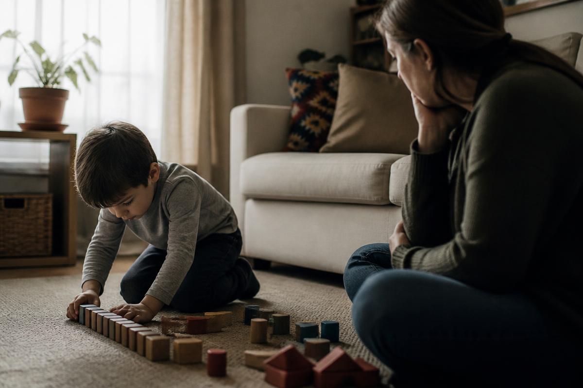 Niño jugando solo alineando bloques mientras una persona adulta lo observa con preocupación